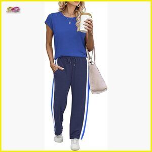 Two Piece Lounge Set Cap Sleeve Top Wide Leg Pants Sweatsuit Comfort